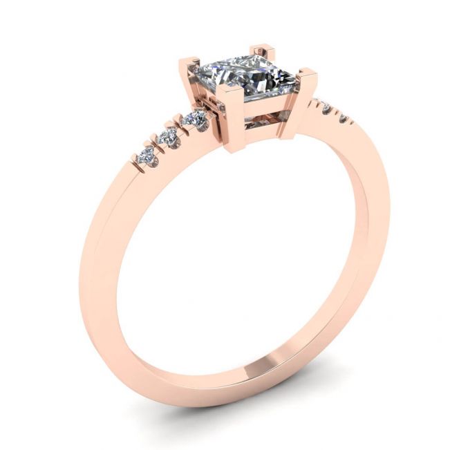 Princess Cut Diamond Ring with 3 Small Side Diamonds Rose Gold - Photo 3