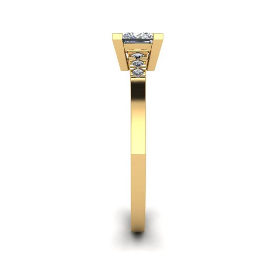 Princess Cut Diamond Ring with 3 Small Side Diamonds Yellow Gold,  Enlarge image 3