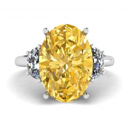 Oval Yellow Diamond with Side Half-Moon White Diamonds Ring White Gold