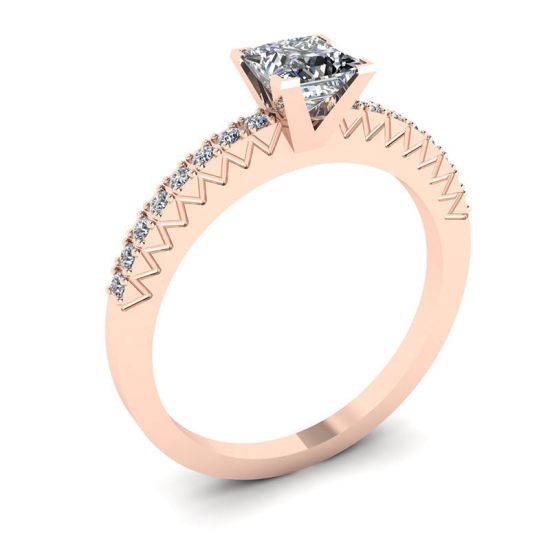 Princess Cut Diamond Ring in V with Side Pave Rose Gold,  Enlarge image 4