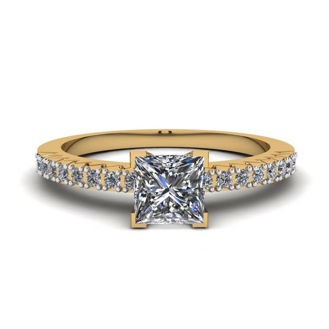 Princess Cut Diamond Ring in V with Side Pave Yellow Gold