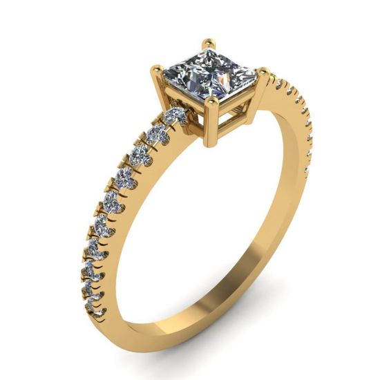 Princess Cut Diamond Ring with Side Pave in 18K Yellow Gold,  Enlarge image 4
