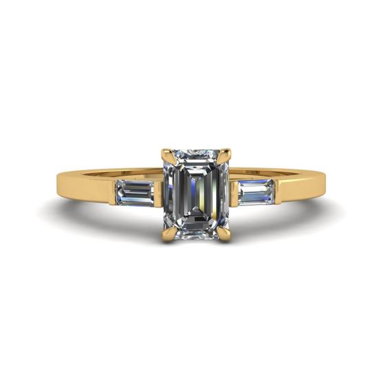 Emerald Cut and Side Baguette Diamond Ring Yellow Gold, Enlarge image 1