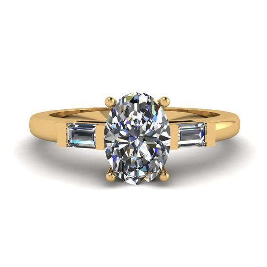Oval Diamond Side Baguettes Yellow Gold Ring, Image 1