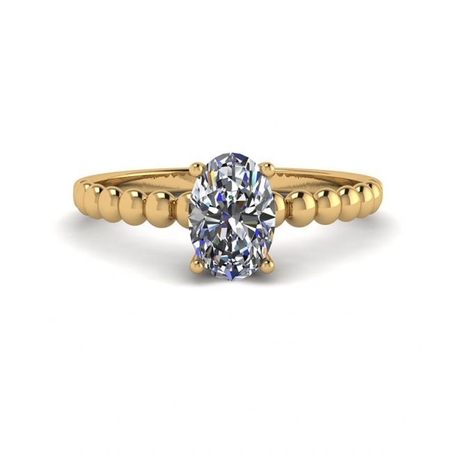 Oval Diamond on Beaded 18K Yellow Gold Ring