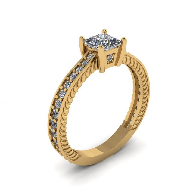 Oriental Style Princess Diamond Ring with Pave in 18K Yellow Gold - Photo 3