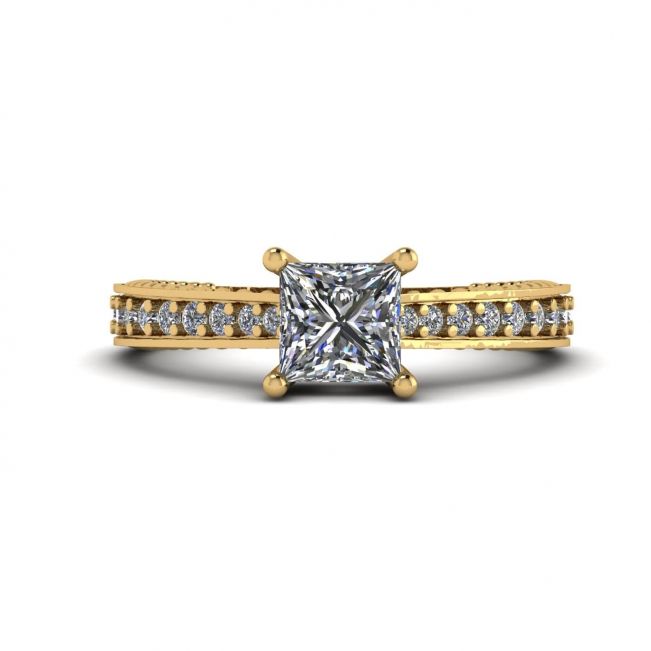 Oriental Style Princess Diamond Ring with Pave in 18K Yellow Gold