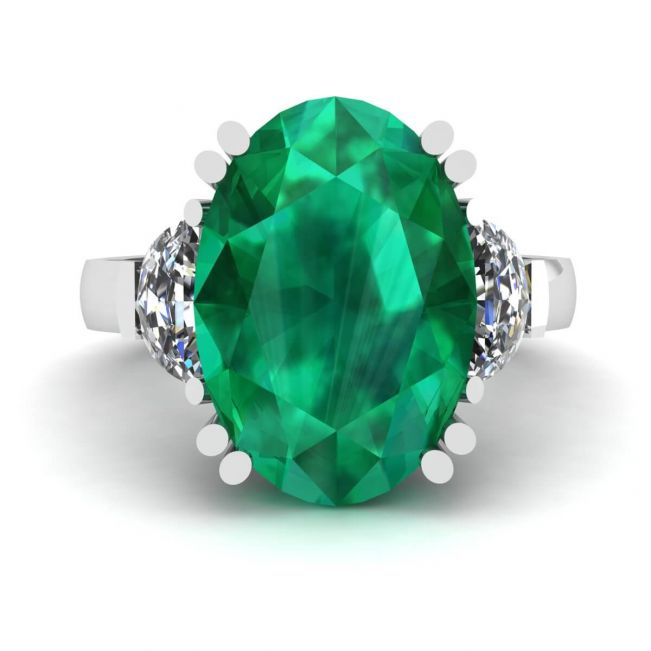 Oval Emerald with Half-Moon Side Diamonds Ring