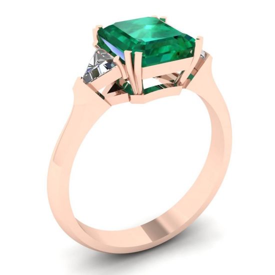3 carat Emerald Ring with Triangle Side Diamonds Rose Gold,  Enlarge image 4