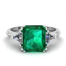 3 carat Emerald Ring with Triangle Side Diamonds White Gold
