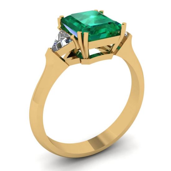 3 carat Emerald Ring with Triangle Side Diamonds Yellow Gold,  Enlarge image 4
