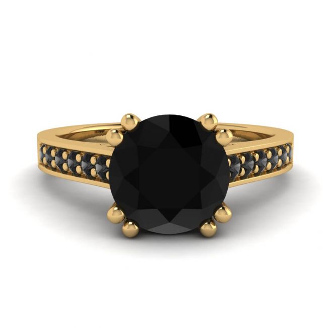 Round Black Diamond with Black Pave 18K Yellow Gold Ring