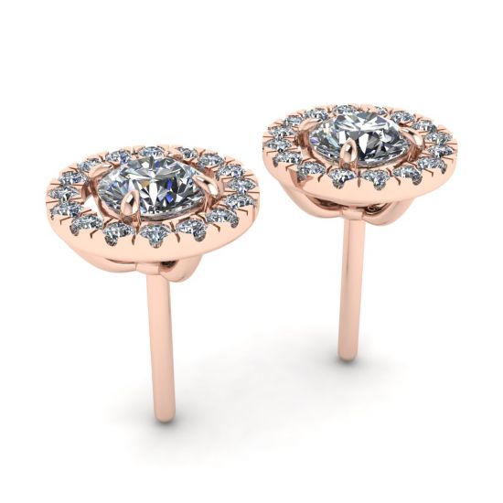 Round Diamond Halo Stud Earrings in 18K Rose Gold,  Enlarge image 3