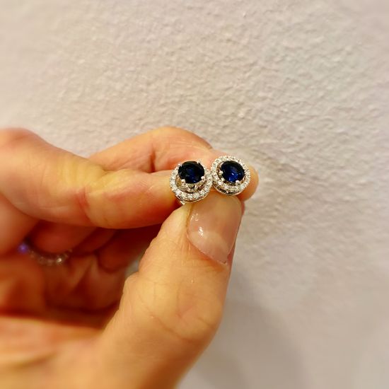 Sapphire Stud Earrings with Detachable Diamond Halo,  Enlarge image 4