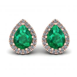 Pear-Shaped Emerald with Diamond Halo Earrings Rose Gold Pear-Shaped Emerald with Diamond Halo Earrings Rose Gold