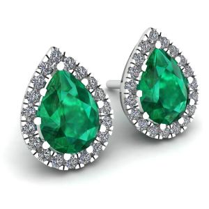 Pear-Shaped Emerald with Diamond Halo Earrings - Photo 1