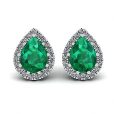 Pear-Shaped Emerald with Diamond Halo Earrings