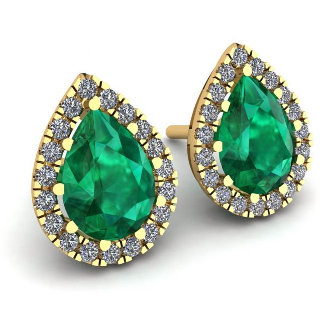 Pear-Shaped Emerald with Diamond Halo Earrings Yellow Gold - Photo 1