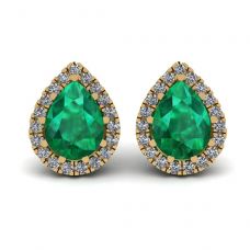 Pear-Shaped Emerald with Diamond Halo Earrings Yellow Gold