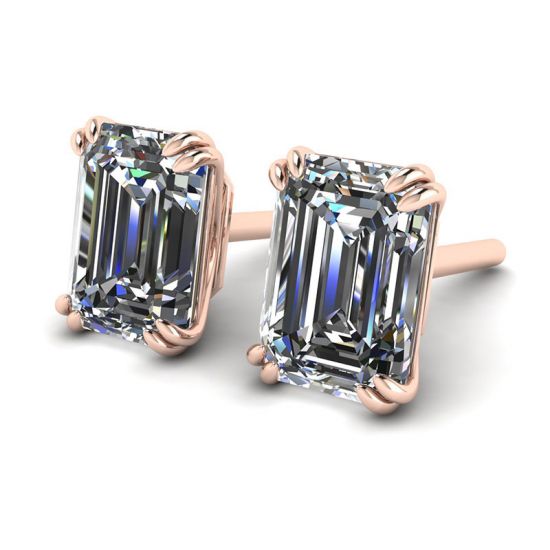 Emerald Cut Diamond Stud Earrings Rose Gold,  Enlarge image 2
