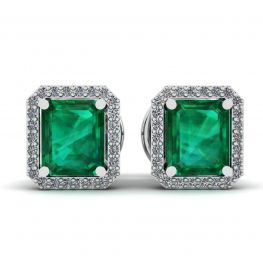 2 carat Emerald with Diamond Halo Stud Earrings White Gold 2 carat Emerald with Diamond Halo Stud Earrings White Gold