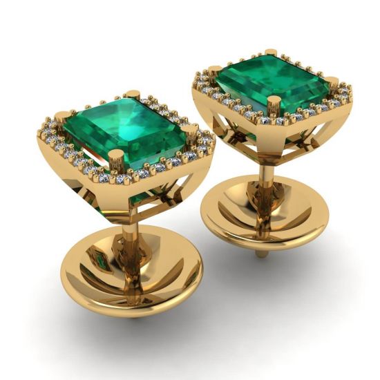2 carat Emerald with Diamond Halo Stud Earrings in Yellow Gold, More Image 1
