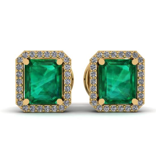 2 carat Emerald with Diamond Halo Stud Earrings in Yellow Gold, Image 1