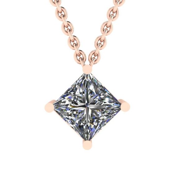 Rhombus Princess Cut Diamond Solitaire Necklace Rose Gold, Image 1