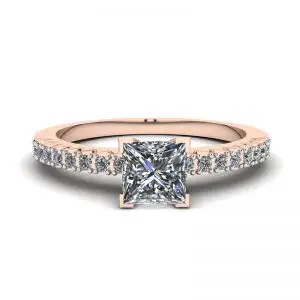 Princess Cut Diamond Ring in V with Side Pave Rose Gold