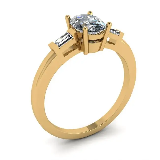 Oval Diamond Side Baguettes Yellow Gold Ring - Photo 3