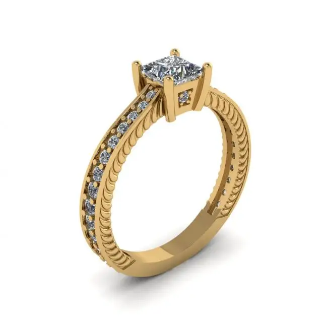 Oriental Style Princess Diamond Ring with Pave in 18K Yellow Gold - Photo 3