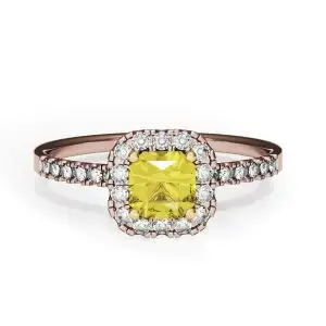 Cushion 0.5 ct Yellow Diamond Ring with Halo Rose Gold