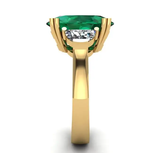 Oval Emerald with Half-Moon Side Diamonds Ring Yellow Gold - Photo 2