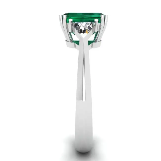 3 carat Emerald Ring with Triangle Side Diamonds White Gold - Photo 2