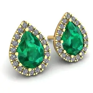 Pear-Shaped Emerald with Diamond Halo Earrings Yellow Gold - Photo 1
