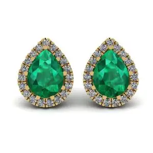 Pear-Shaped Emerald with Diamond Halo Earrings Yellow Gold