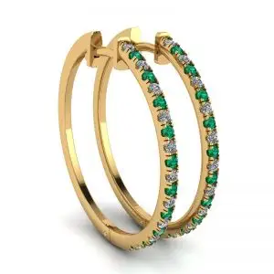 Diamond and Emerald Hoop Earrings Yellow Gold